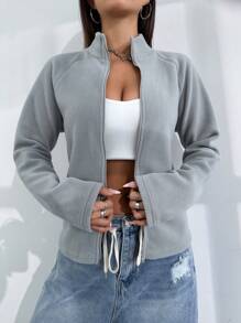 Flirla Plush Zipper Jacket With Lapel Collar And Slim Fit Fall Winter Cloth For Women - Grey - View 3