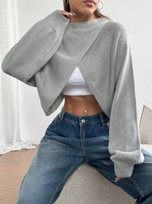 SHEIN Unity 1 件女士休闲、日常、简约不对称下摆灯笼袖套头衫，灰色