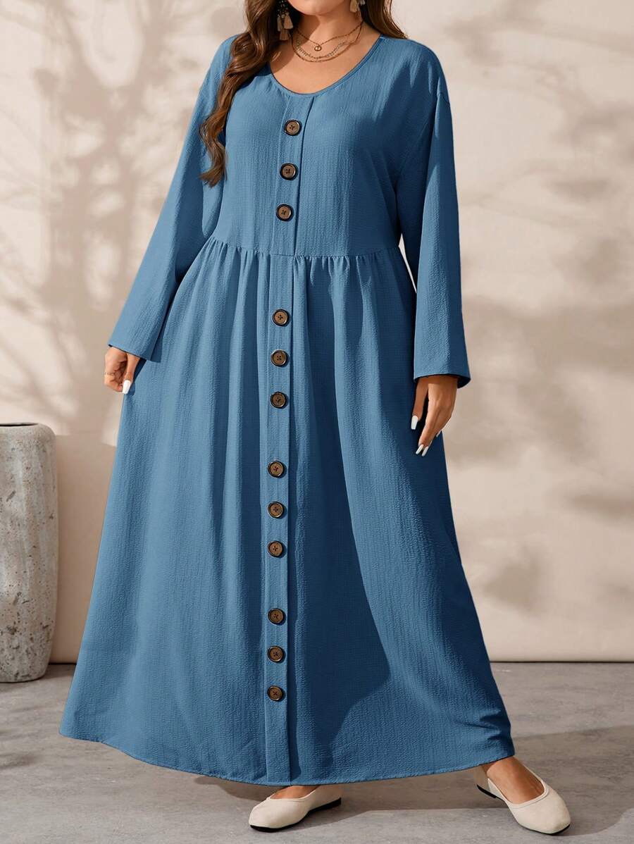 EMERY ROSE Plus Size Women's Spring And Autumn Solid Color Crew Neck Long Sleeve Button Design Loose Casual Dress - Blue - View 1