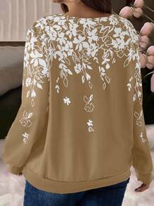 EMERY ROSE Plus Size Women Floral Print Half-Zip Long Sleeve Sweatshirt, Autumn/Winter - Khaki - View 2