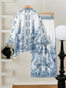 2 pièces/Set Top imprimé à manches longues avec boutons devant et pantalon, tenue casual grande taille
