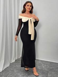 SHEIN Unity Plus Size Women's Elegant Color Block Off Shoulder Fishtail Hem Dress Maxi Women Outfit - Black - View 3