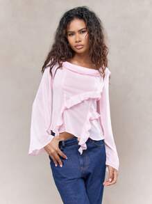 MISSGUIDED Blusa con cuello de barco transparente y espalda, mangas largas abombadas con detalle de volantes