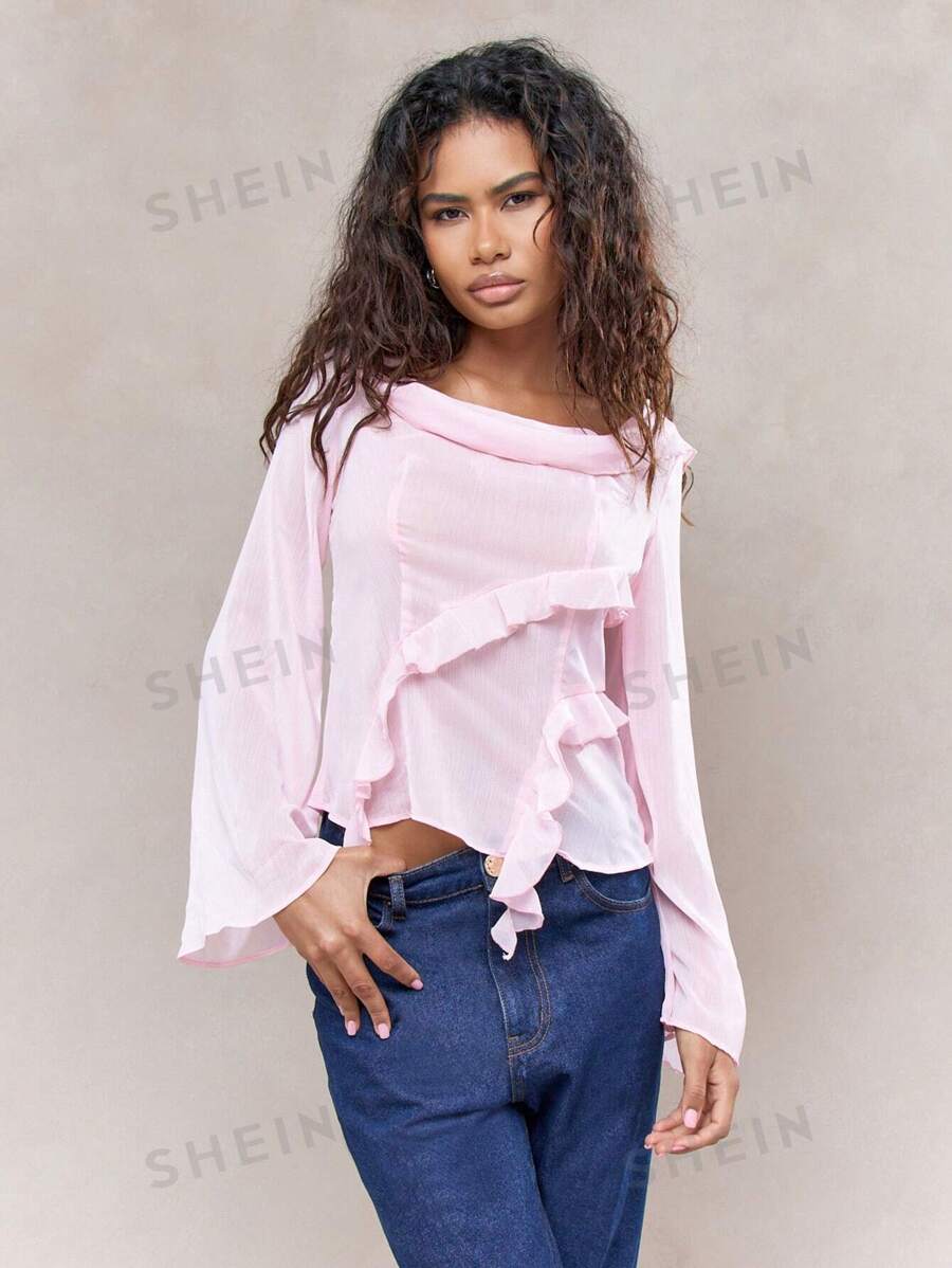 MISSGUIDED Blusa con cuello de barco transparente y espalda, mangas largas abombadas con detalle de volantes