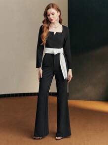 MOTF PREMIUM KNOT HEM NOTCHED NECKLINE BLOUSE - Black and White - View 8