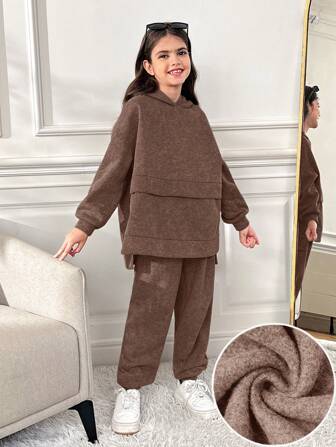 SHEIN Tween Girls Casual Loose Comfortable Hooded Sweatshirt And Pants 2 Pieces Set