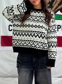 SHEIN Unity 女士几何图案休闲百搭费尔岛圆领毛衣，秋冬针织套头衫 - 彩色 - 查看 4