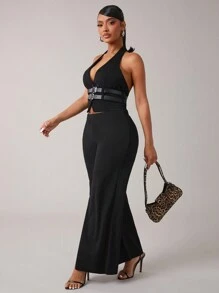 SHEIN SXY 2 件套黑色休闲通勤挂脖上衣和裤子套装 - 黑色 - 查看 3