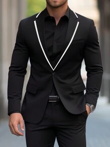 Manfinity Mode 男士纯色拼接平翻领长袖口袋西装套装 - 黑色 - 查看 1