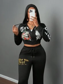 Slaydiva 女士两件套字母印花长袖拉链连帽短款卫衣和裤子休闲套装，秋季 - 黑色 - 查看 5