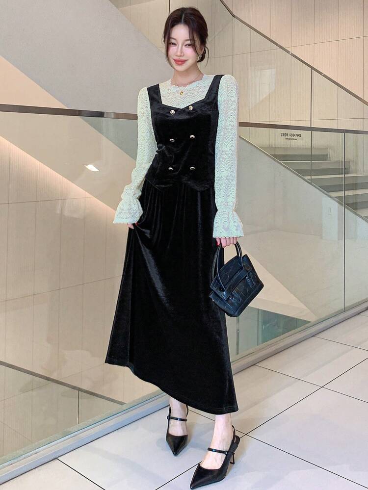 2pcs Women Velvet 2 In 1 Set: Round Neck Blouse And Skirt