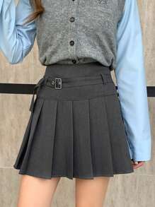 DAZY Women Plain Pleated Simple Short Grey Mini Skirt, Casual Fall Skirts
