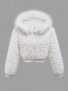 WESTFADE Young Tween Girls Christmas Street Style Short Fuzzy Colorblock Letter Print Jacket, Perfect For Daily Wear,School,White Jacket,In Spring And Fall And Winter