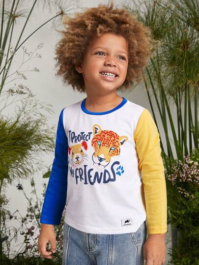 Animal Planet X SHEIN Young Boy Cartoon Cute Sports Casual White Cute Animal Child Print Blue Contrast Long Sleeve Form Fitting T-Shirt, Suitable For All Seasons
