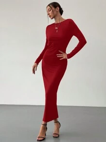 Aloruh Women's Autumn/Winter New Arrival Sexy Elegant Open Back Detail Party Tight-Fitting Dress - Red - View 4