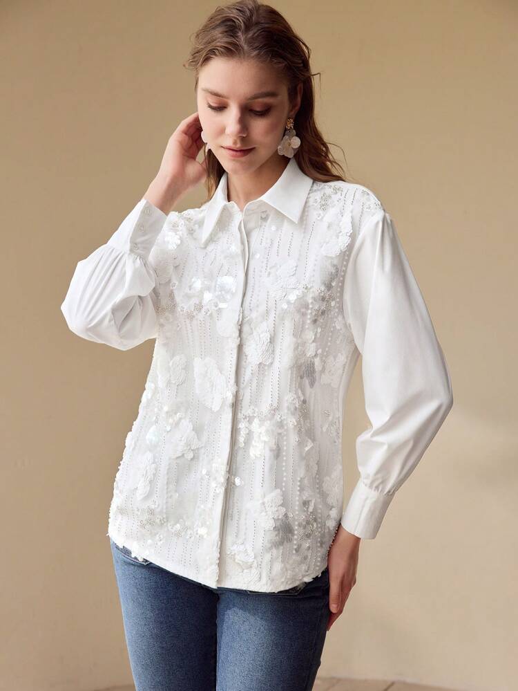 SEQUIN FLORAL BUTTON UP BLOUSE