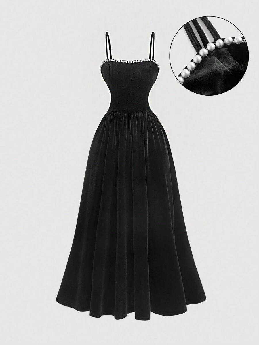 SHEIN MOD 珍珠吊带黑色连衣裙、舞会礼服、黑色礼服、生日女装、新年、情人节女装、派对女装、新年前夜礼服、赠礼、新年、情人节派对礼服、节日礼服、优雅礼服、派对女装、礼服、新年礼服 - 黑色 - 查看 1