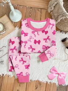 SHEIN Leap Crew 年轻女孩柔软舒适蝴蝶设计贴身休闲厚长袖上衣和裤子睡衣套装，适合秋冬季