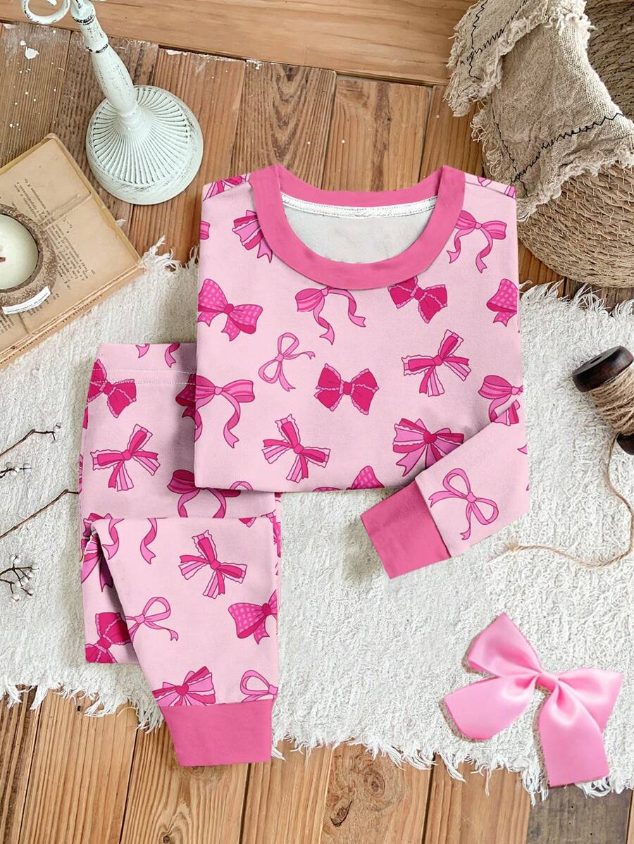 SHEIN Leap Crew 年轻女孩柔软舒适蝴蝶设计贴身休闲厚长袖上衣和裤子睡衣套装，适合秋冬季