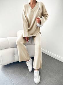 SHEIN Cottnline 2pcs V-neck High Low Hem Split Knit Sweater And Solid Color Knitted Pants - Beige - View 4