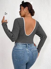 Calvaya Plus Size Elastic Dual Colored Stripe Spliced Design Bodysuit, Slim Fit Versatile Long Sleeve Backless Bodysuit