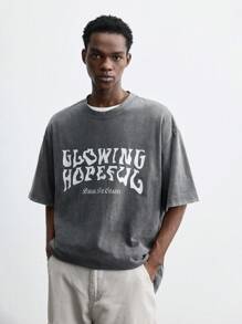 Maija Áo thun nam tay ngắn in chữ mới mùa xuân và mùa hè 2025, xử lý giặt, dáng rộng, đa năng, thời trang đường phố trẻ trung, thích hợp cho tiệc năm mới, ngày lễ, đi làm, mọi mùa - màu đen - Xem 5