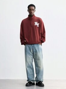 Maija Men's 2025 Spring & Summer New Red Solid Color Embroidery Stand Collar Half Zip-Up Sweatshirt, Casual, Minimalist, Daily Wear, Suitable For New Year, Party, Valentine's Day, Date - Burgundy - View 2