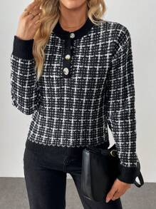 SHEIN LUNE Jersé informal y holgado de cuello redondo, manga larga, textura cálida, diseño en blanco y negro, adecuado para mujer en otoño e invierno