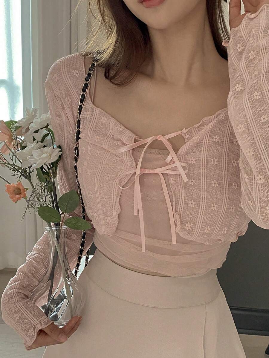DAZY Women's Front Tie Sheer Textured Long Sleeve Lace Cardigan T-Shirt,Fall Women Clothes - Pink - View 1