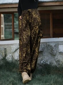 LanaWest Women's Street Leopard Print Vintage Casual Drawstring Waist Loose Straight Leg Sweatpants