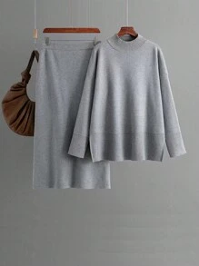 INAWLY 2 件套女士纯色毛衣上衣和裙子套装 - 灰色 - 查看 1