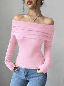 SHEIN Elenzya Áo cánh dài tay trễ vai trơn đơn giản cho nữ, trang phục thường ngày - Màu Hồng baby - Xem 3