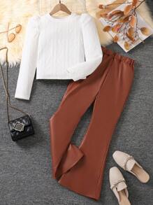 SHEIN 2 件套女孩高领提花毛衣上衣和时尚舒适喇叭皮裤，青少年 - 白色 - 查看 1