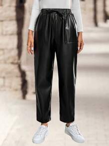 EMERY ROSE Quần da PU thường ngày cho nữ, phong cách tối giản để mặc hàng ngày - màu đen - Xem 2