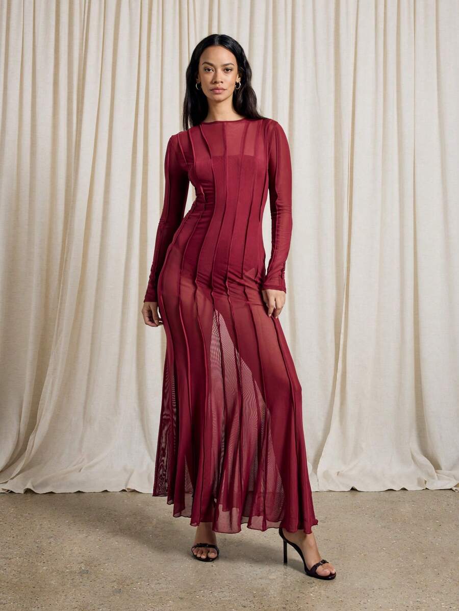 AiiRZ Long Fitted Mesh Maxi Dress With Seam Detail - Burgundy - View 1