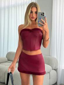 Aloruh Maroon Women's Sleeveless Tube Top With PU And Fuzzy Trim , Christmas Thanksgiving New Years Holiday Party Y2k - Burgundy - View 6