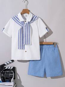 SHEIN Conjunto de 3 piezas con camisa tipo capa a rayas y shorts casual para niño preadolescente