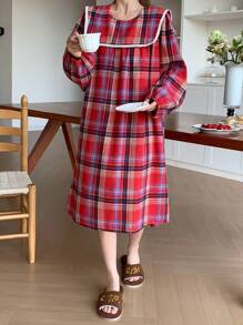 DAZY Cute Plaid Ruffle Trim Lantern Sleeve Nightgown - Red - View 6