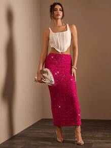 Glamine 女式亮粉色低腰长款亮片修身鱼尾裙，四季百搭，优雅裙装，亮片裙，节日派对裙，女式秋季长裙 - 玫紅色 - 查看 3