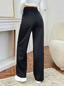 EURMUSE Women's Solid Drawstring Wide Leg Pants - Black - View 2