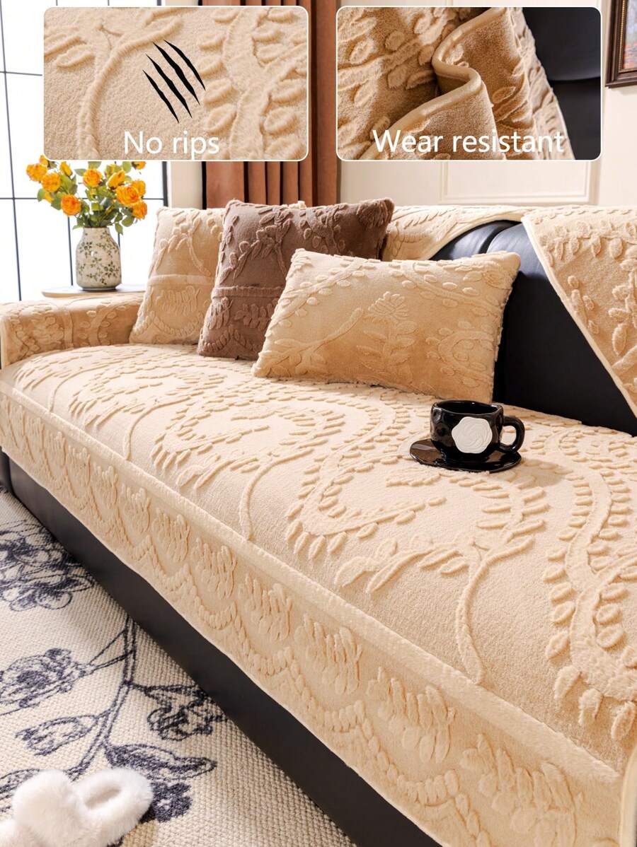 1 件加厚羊毛沙发垫套，防滑、防尘、可洗、不脱落、不褪色，适用于卧室、办公室、客厅、L 型沙发和 1/2/3/4 座位，秋冬季 - 米色 - 查看 1