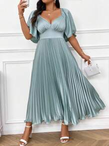 Cravure Váy midi xếp ly đơn giản và thanh lịch cỡ lớn có cổ chữ V sâu và tay áo nhún cho nữ - Màu xanh Bạc hà - Xem 6