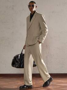 AKNOTIC Business Casual 2pcs/Set Men's Khaki Metal Button Slim Fit Woven Casual Fashion Suit Set, Suitable For Office, Daily Wear, And Parties - Khaki - View 6