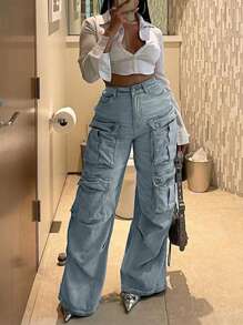 90年代Y2K高腰翻盖口袋男友风破洞宽松牛仔裤，街头风 - 藍色 - 查看 1