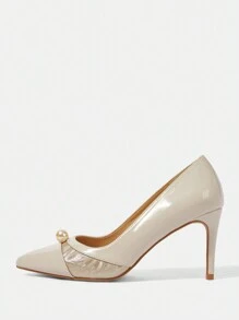 CUCCOO HITCHD Pointed Toe Slender High Heel Apricot Color Splice Faux Pearl Decor Ladies' Pumps Valentine's Day - Apricot - View 1
