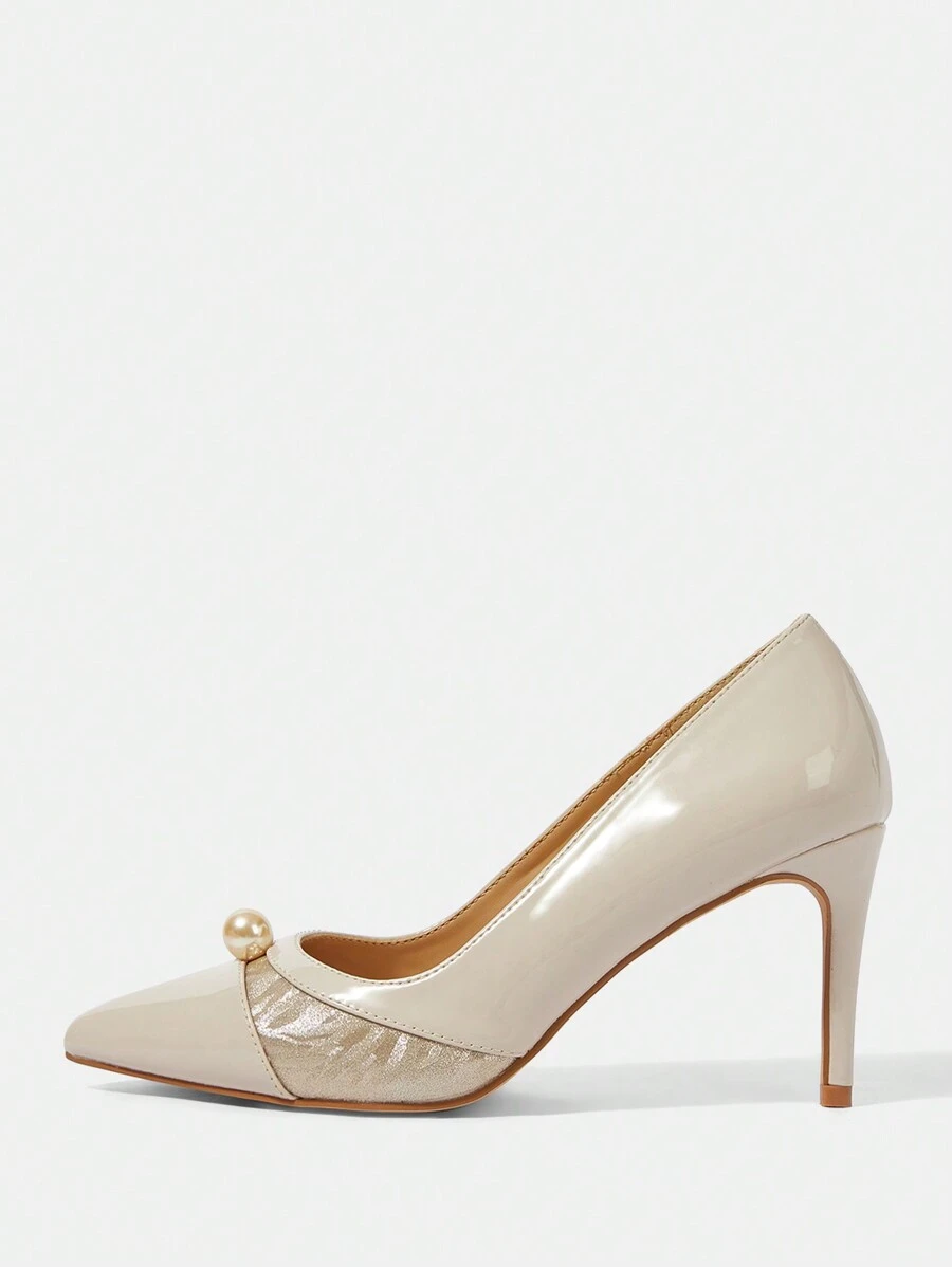 CUCCOO HITCHD Pointed Toe Slender High Heel Apricot Color Splice Faux Pearl Decor Ladies' Pumps Valentine's Day - Apricot - View 1