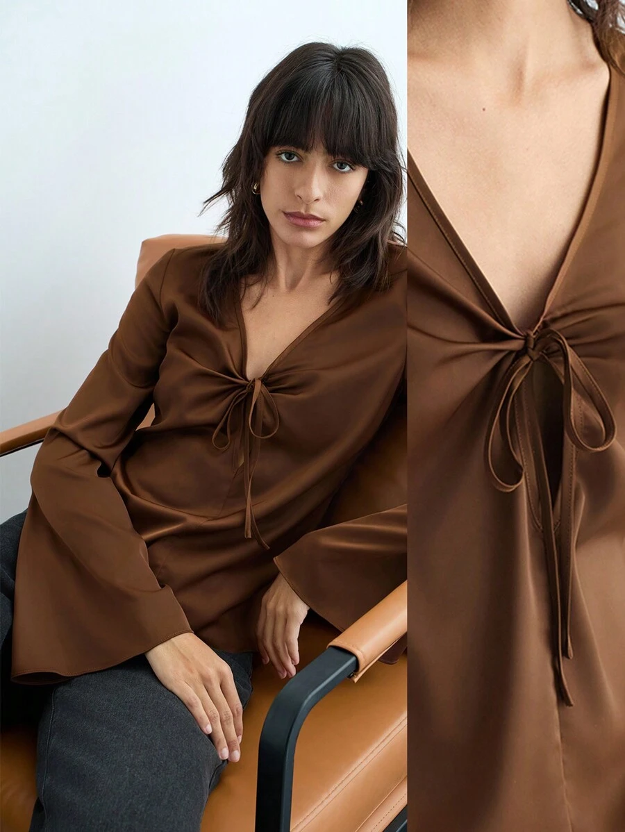 Maija 秋冬新款咖色优雅都市前胸系带蝴蝶结女衬衫织缎日常休闲浪漫奢华老款风格适合外出度假节日派对聚会圣诞新年喇叭袖 - 棕色 - 查看 1