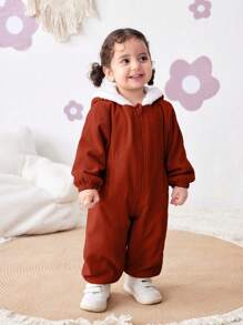 SHEIN Bộ đồ liền thân trùm đầu bằng vải nhung kẻ cho bé gái sơ sinh, thiết kế màu ấm áp cho mùa thu/đông - Nhiều màu - Xem 5