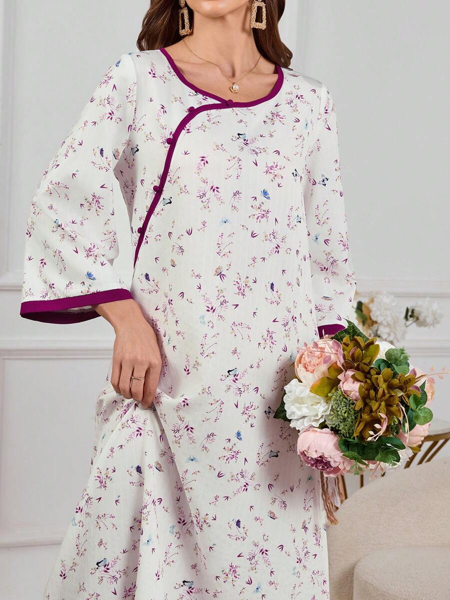 Al Najma 女士休闲撞色绑带 3/4 袖连衣裙 - 中紫紅色 - 查看 1