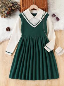Tween Girls Fashion Autumn/Winter Heavy Manual Knitted Long Sleeve Dress, 2 In 1 Set With White Shirt Collar And Black V-Neck Pleated, Black & White Classic Elegant Style, Suitable For Various Occasions Like Home, School, Outing - Green - View 1